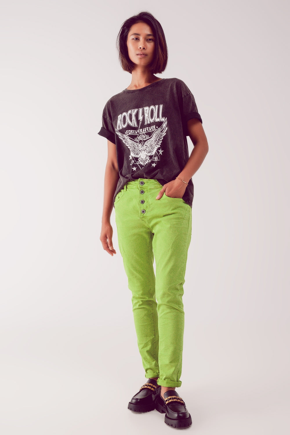 Exposed buttons skinny jeans in green | Just Cool Beans — jeans | the denim shop