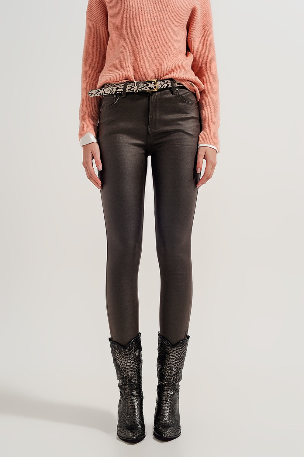 Faux leather high waisted split zip hem pants in khaki | Just Cool Beans — pants | bottoms
