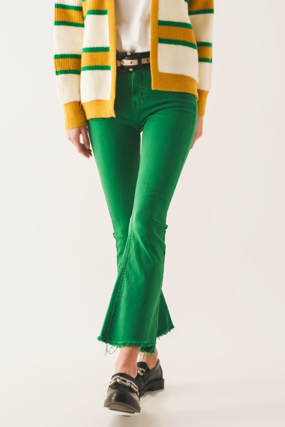 Flare jeans with raw hem edge in bright green | Just Cool Beans — jeans | the denim shop