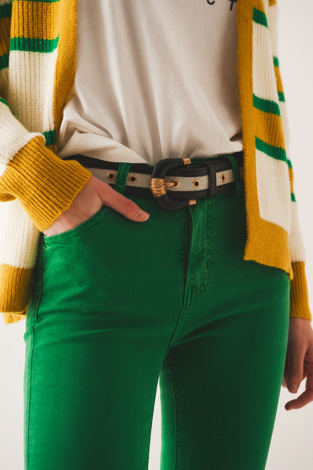 Flare jeans with raw hem edge in bright green | Just Cool Beans