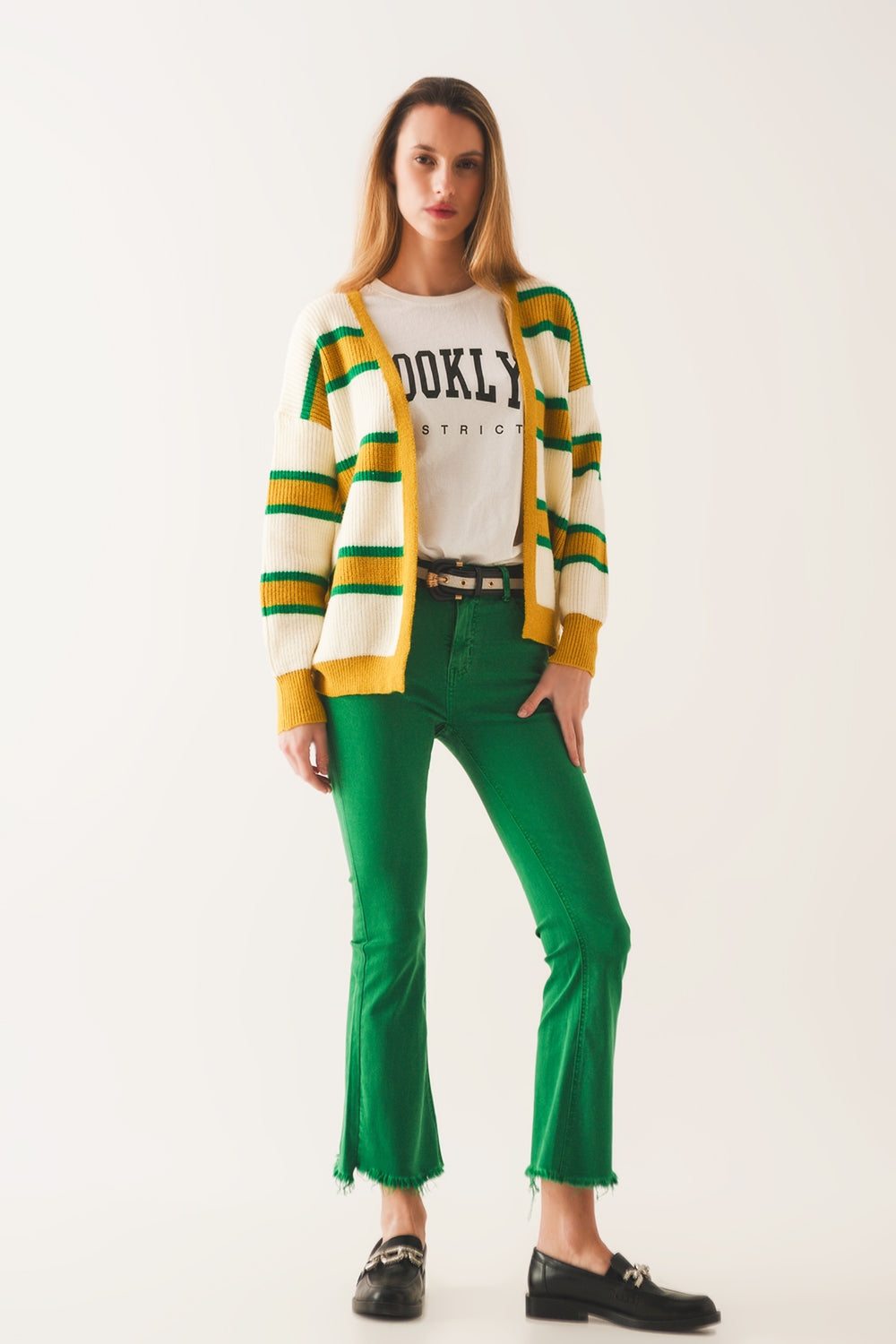 Flare jeans with raw hem edge in bright green | Just Cool Beans