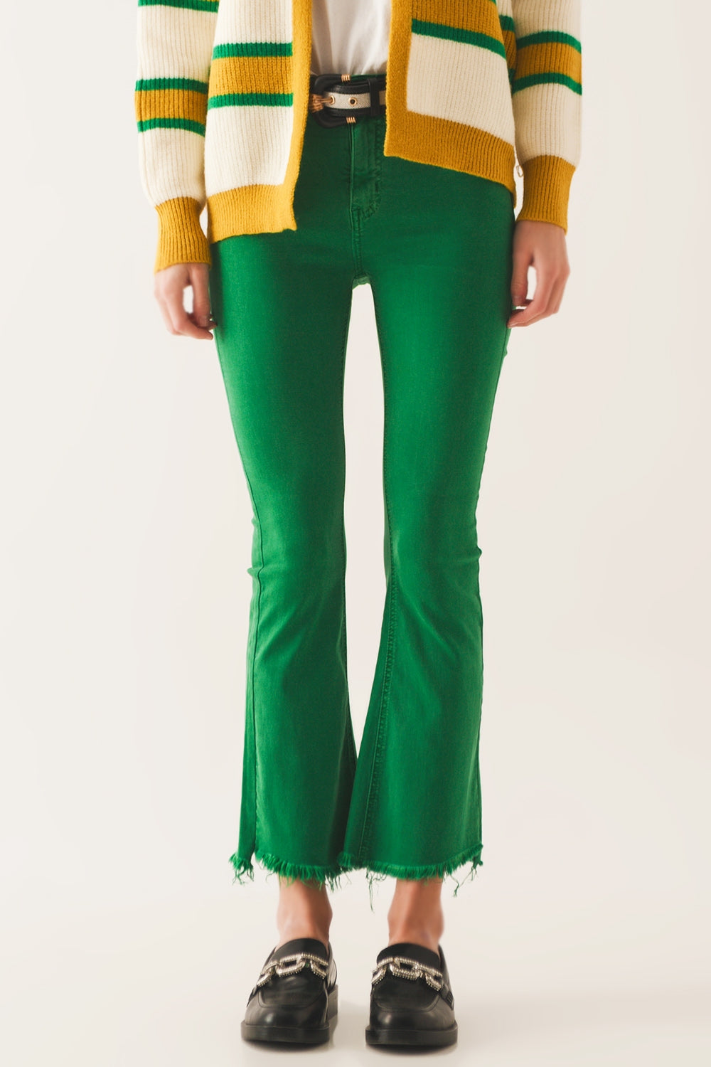 Flare jeans with raw hem edge in bright green | Just Cool Beans