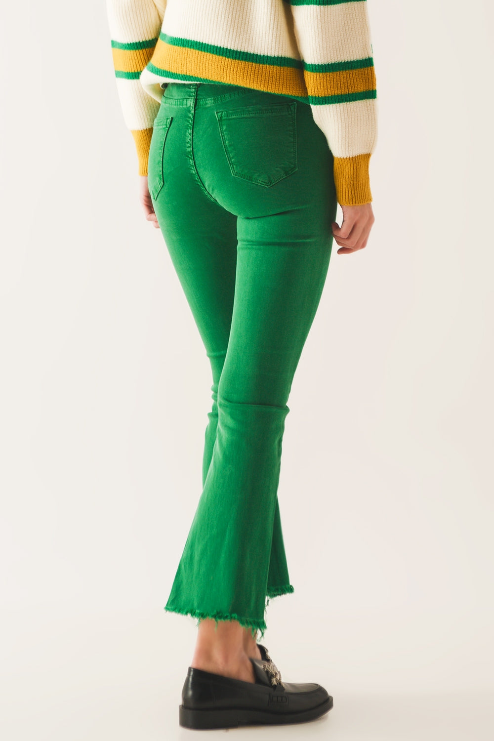 Flare jeans with raw hem edge in bright green | Just Cool Beans