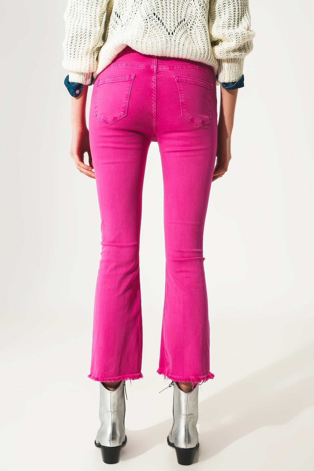 Flare jeans with raw hem edge in fuchsia | Just Cool Beans