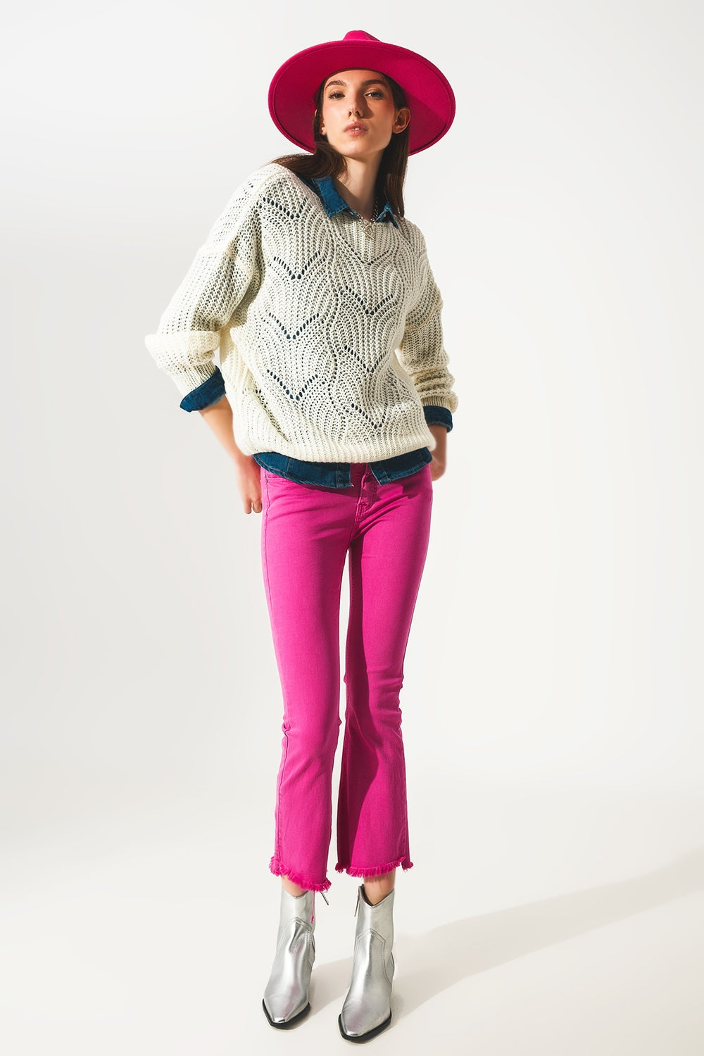 Flare jeans with raw hem edge in fuchsia | Just Cool Beans