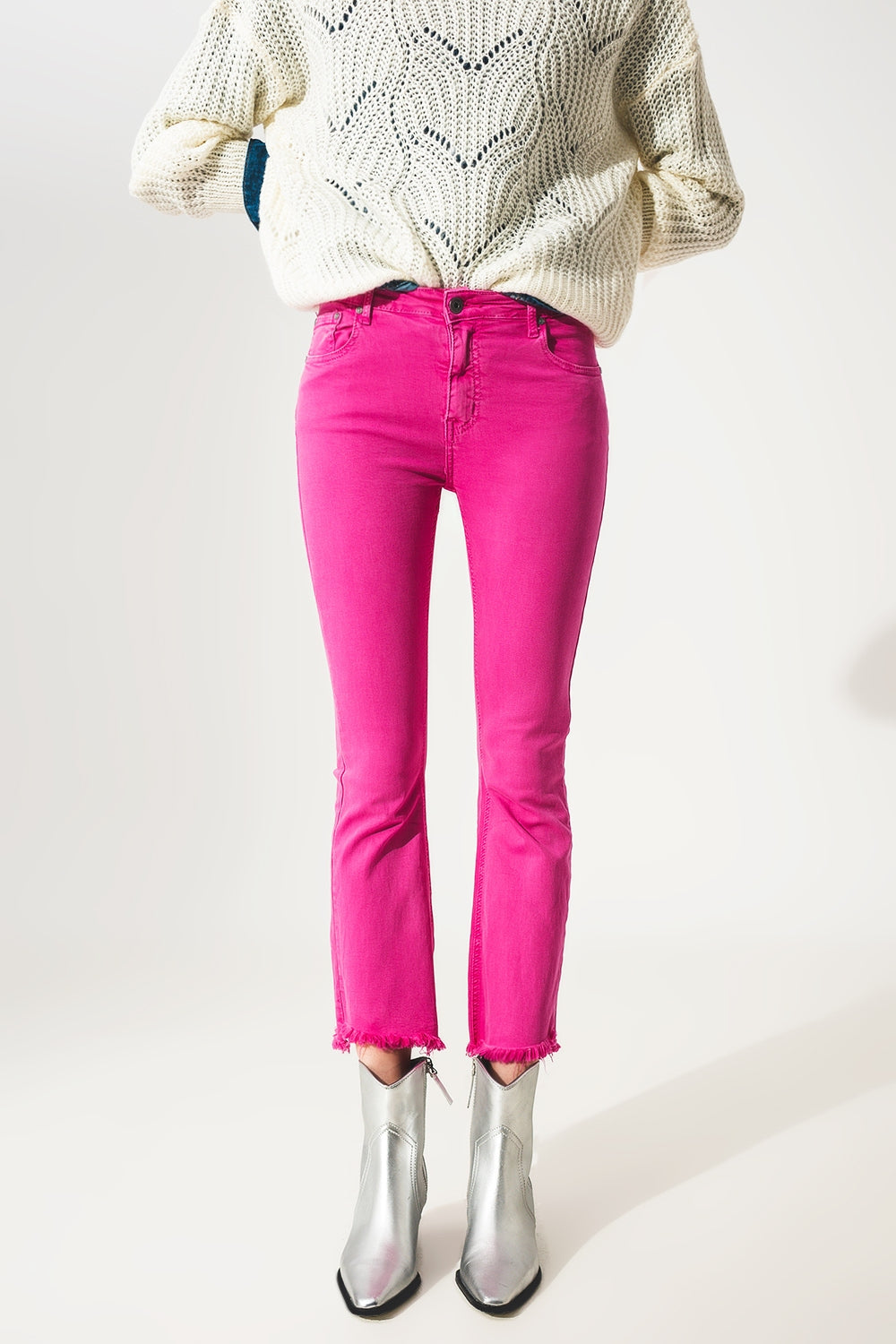 Flare jeans with raw hem edge in fuchsia | Just Cool Beans