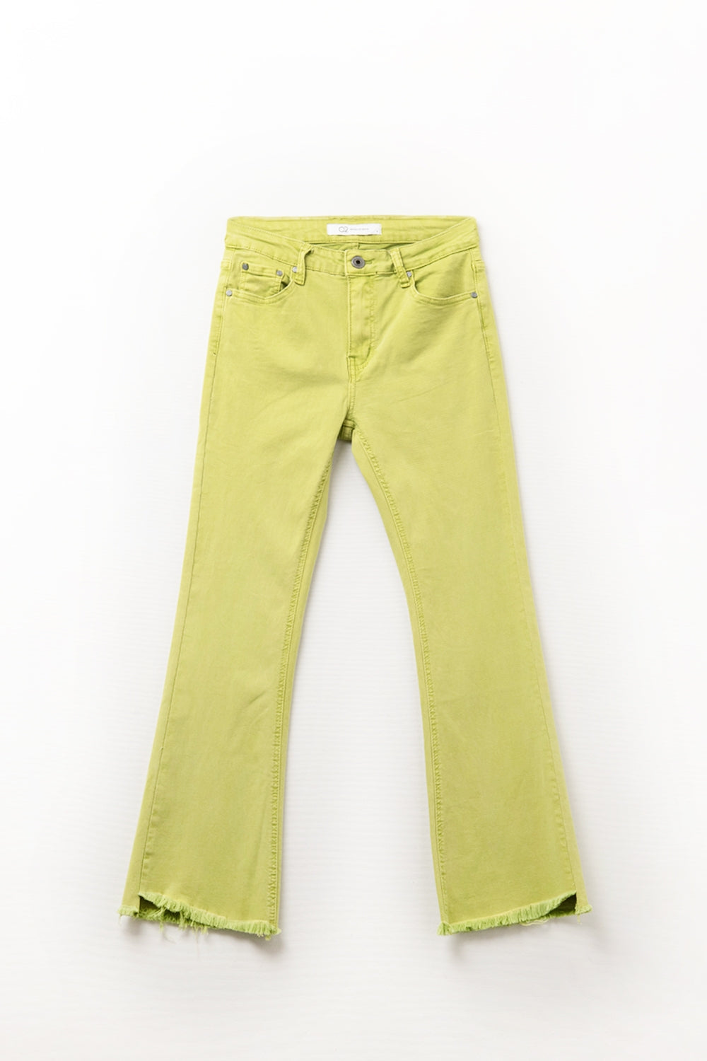Flare jeans with raw hem edge in lime color | Just Cool Beans — jeans | the denim shop