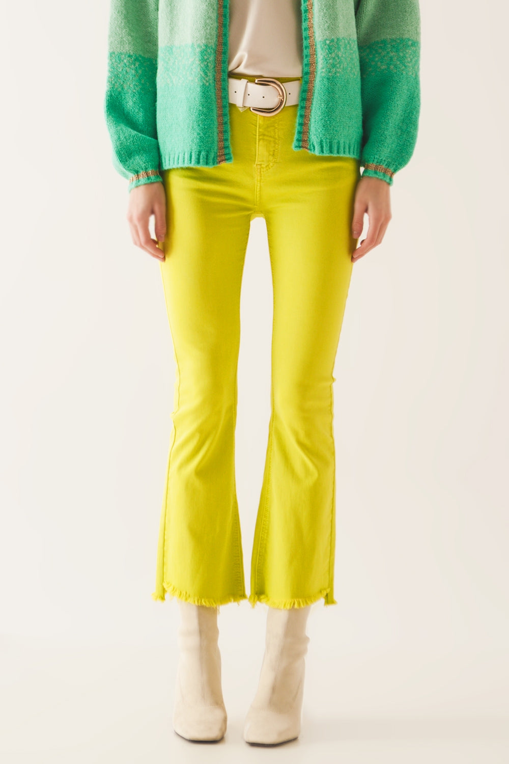 Flare jeans with raw hem edge in yellow | Just Cool Beans — jeans | the denim shop