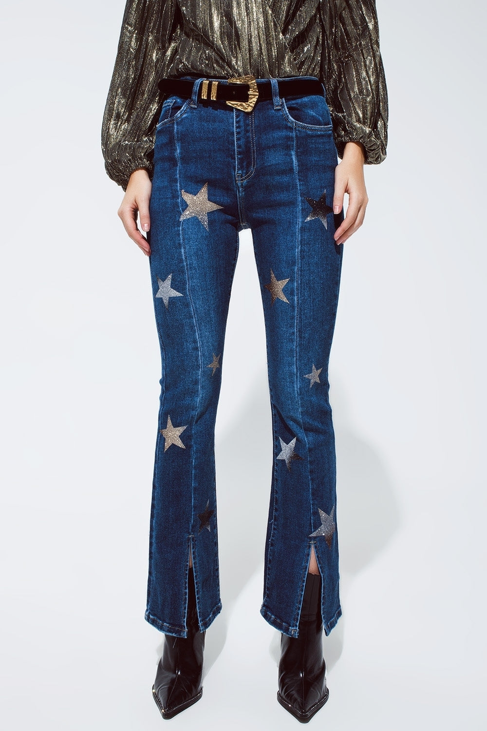 Flared jeans with shiny stars detail in blue | Just Cool Beans — jeans | the denim shop