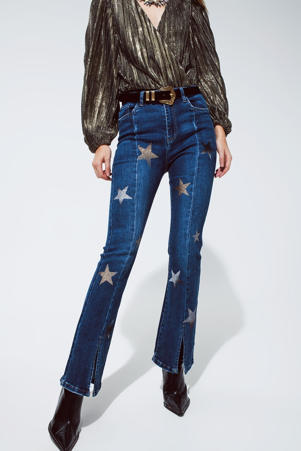 Flared jeans with shiny stars detail in blue | Just Cool Beans