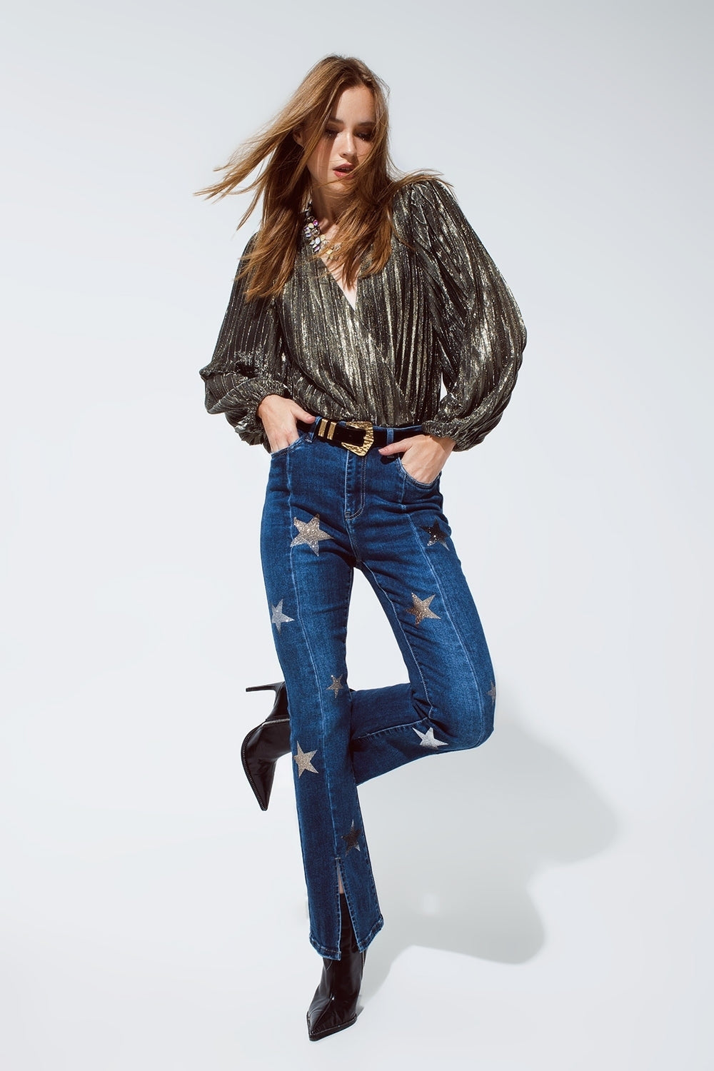 Flared jeans with shiny stars detail in blue | Just Cool Beans