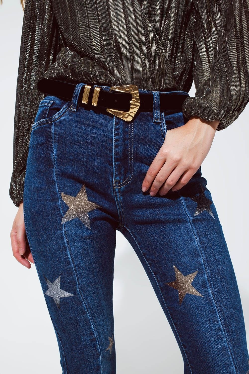 Flared jeans with shiny stars detail in blue | Just Cool Beans