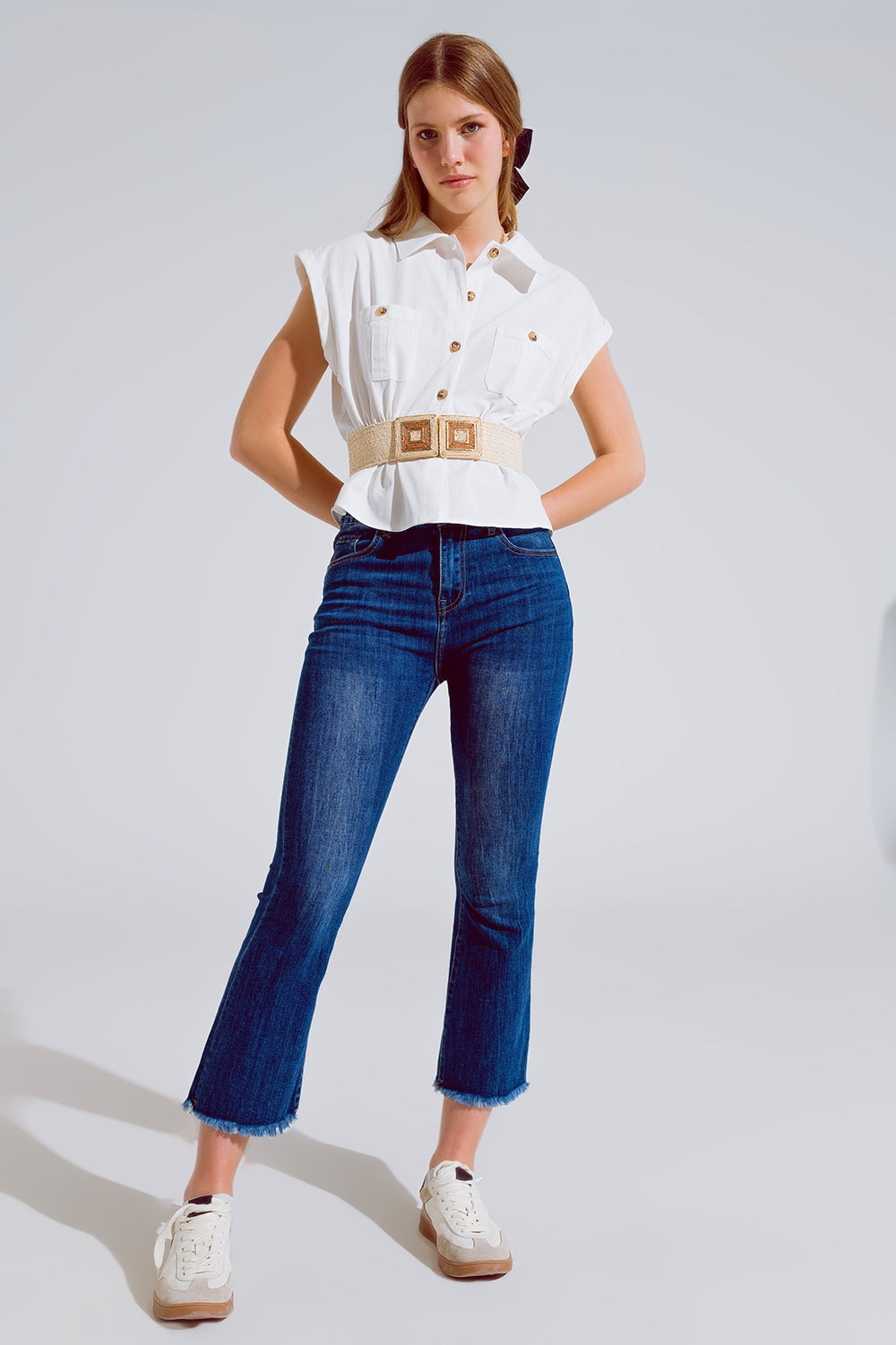 Flared skinny jeans with raw hem edge in mid wash | Just Cool Beans