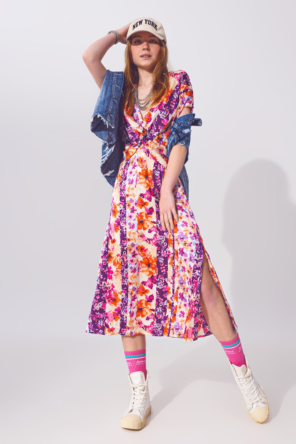 Flower print front knot maxi dress in multicolour | Just Cool Beans — dresses