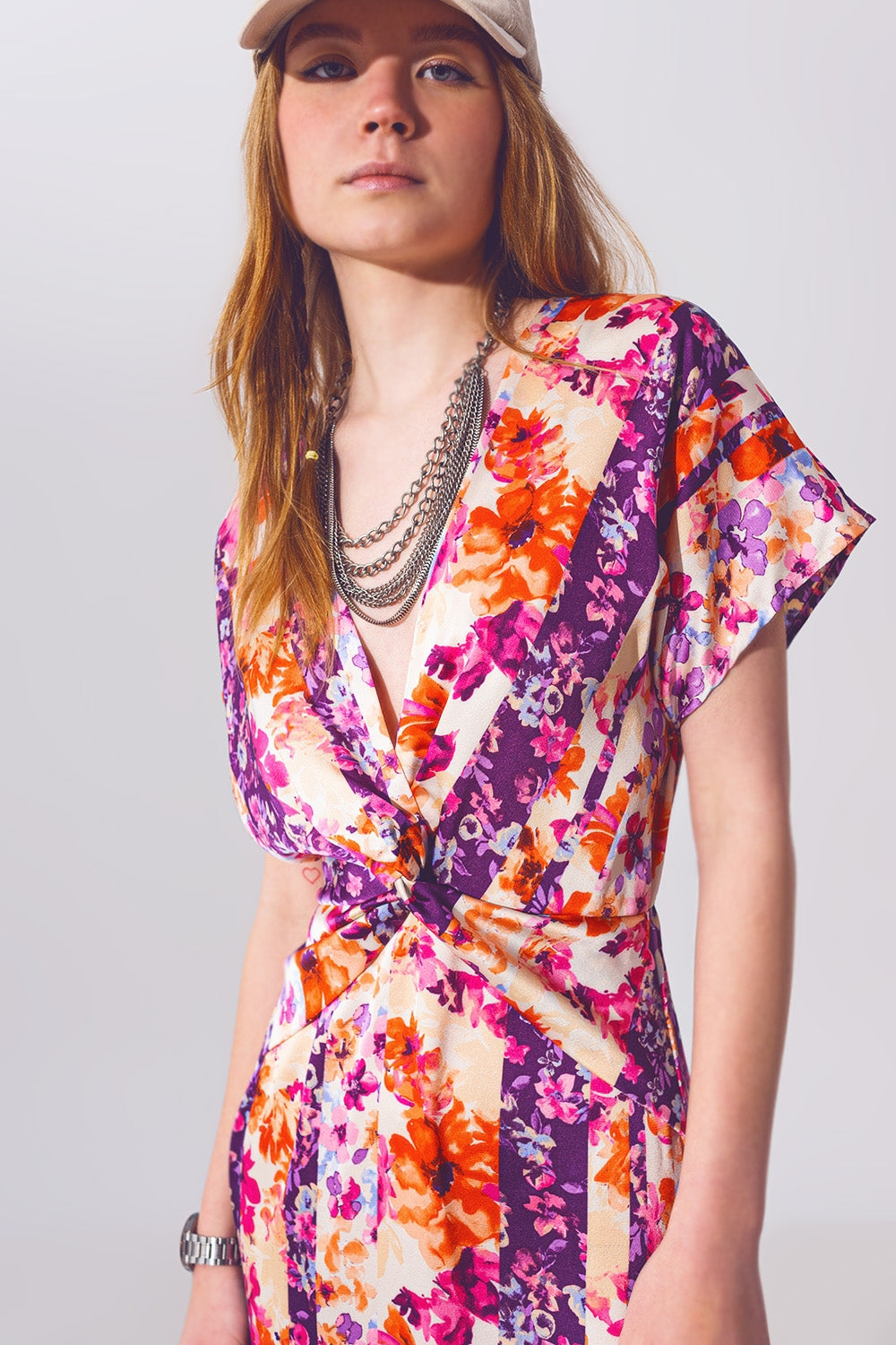 Flower print front knot maxi dress in multicolour | Just Cool Beans