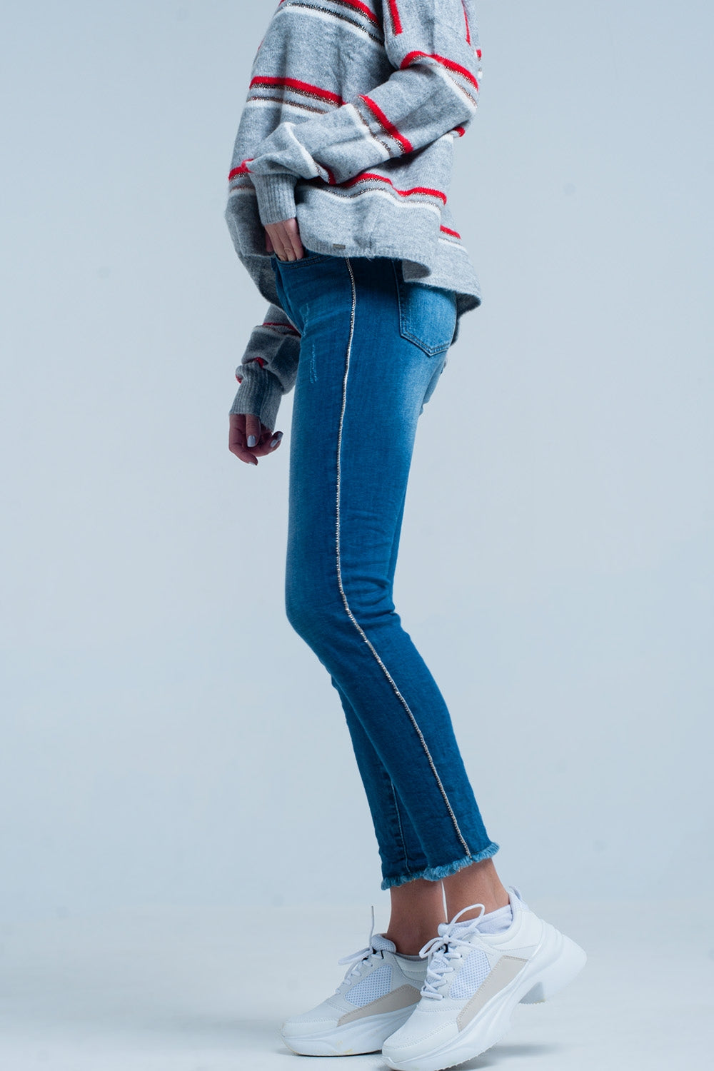 Fringed skinny jeans with strass side stripe | Just Cool Beans — jeans | the denim shop