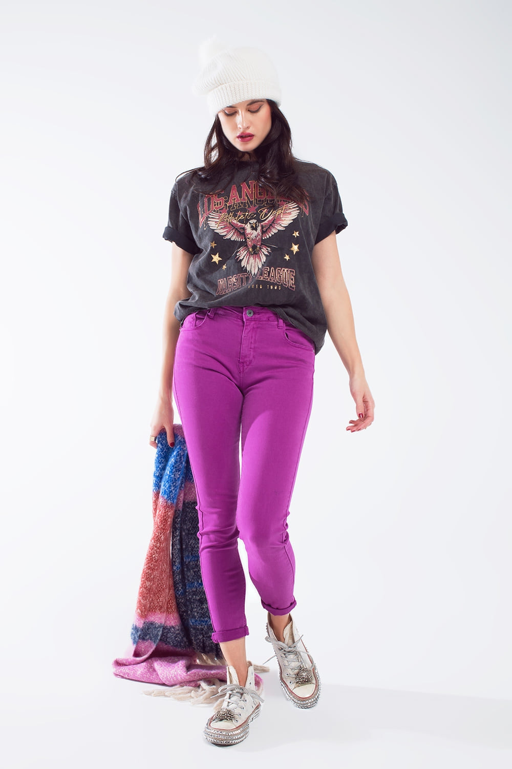 Fuchsia ankle super skinny jeans with soft wrinkles | Just Cool Beans