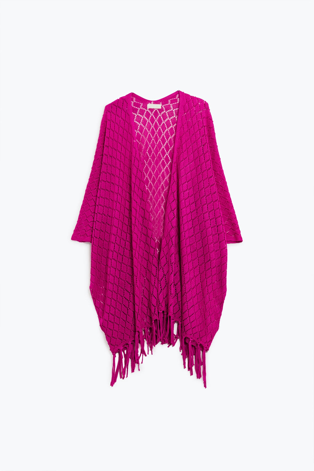 Fuchsia open cardigan with fringe ends and 3/4 sleeves | Just Cool Beans — sweaters | tops