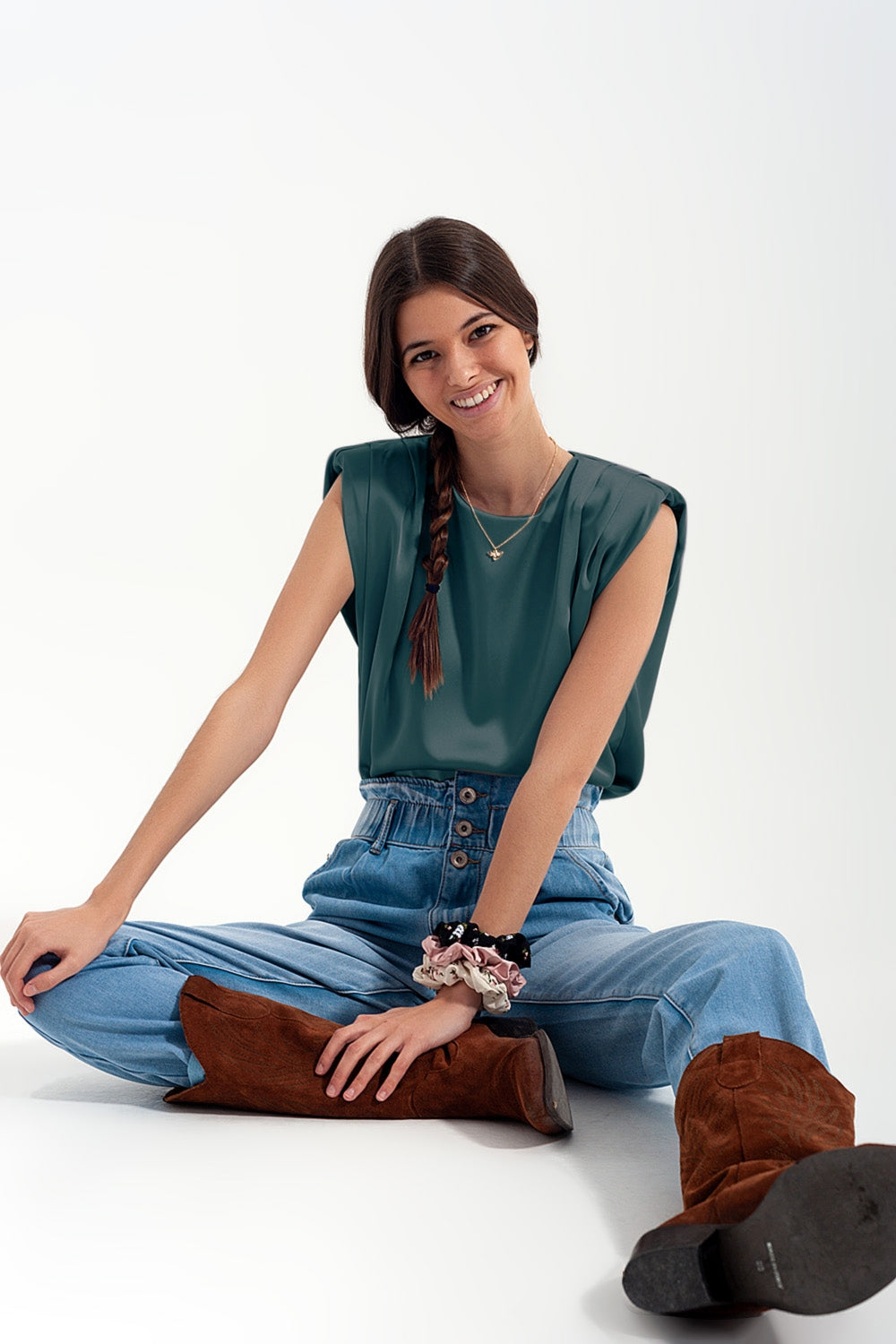 Gathered satin shoulder pad sleeveless top in green | Just Cool Beans — tops