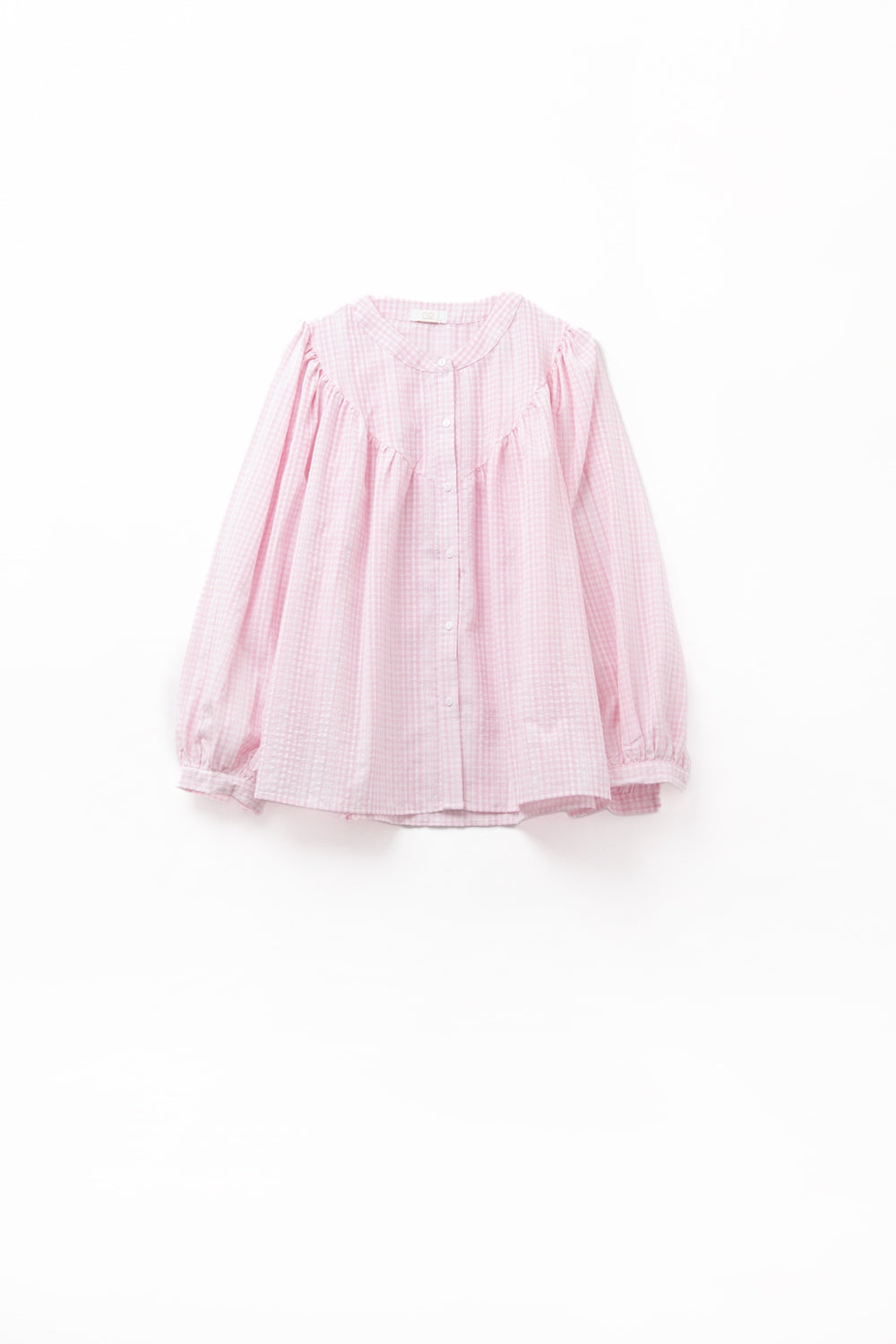 Gingham pale pink collarless blouse with wide sleeves | Just Cool Beans — shirts | tops