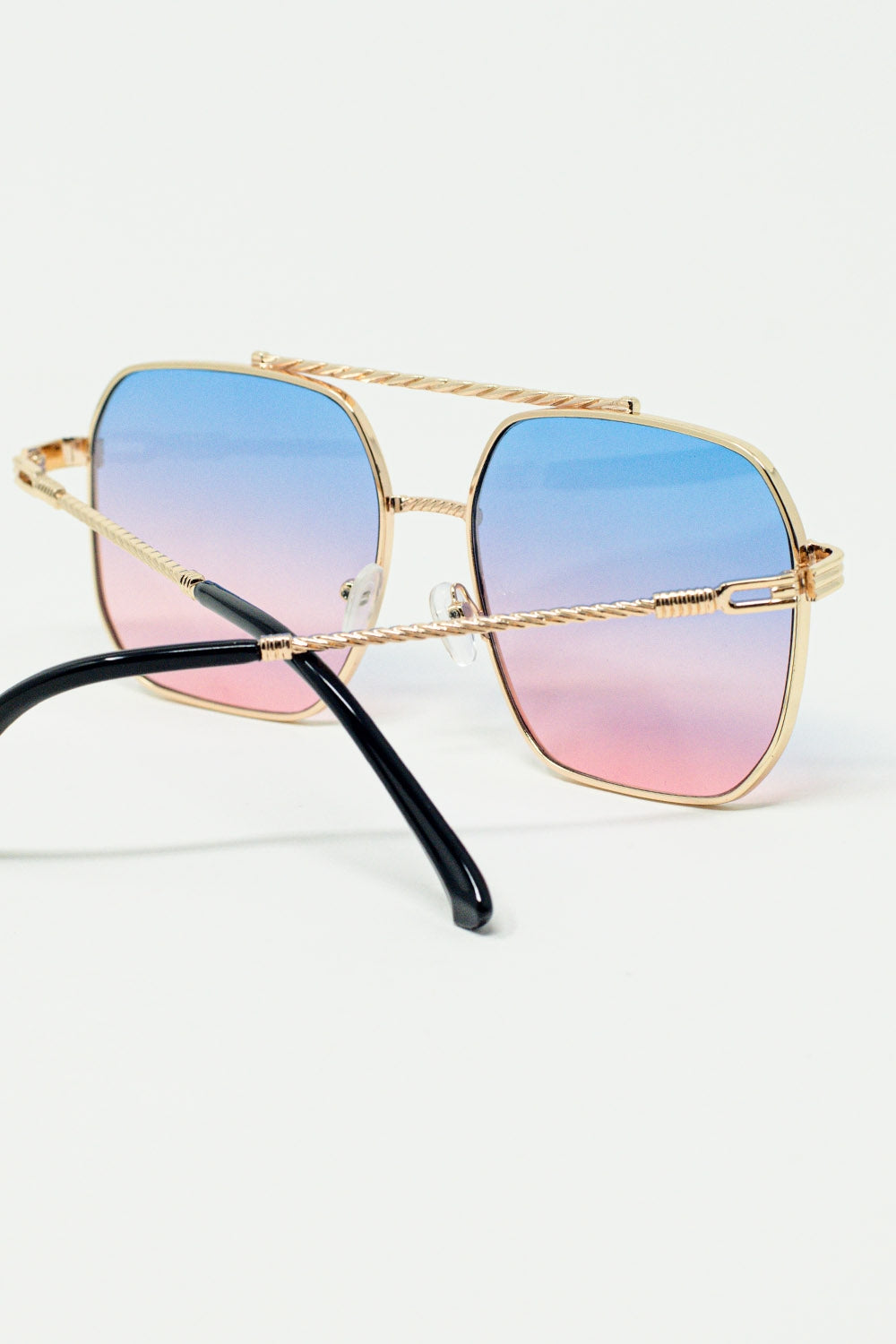 Gold square frame sunglasses in ombre light blue with pink | Just Cool Beans