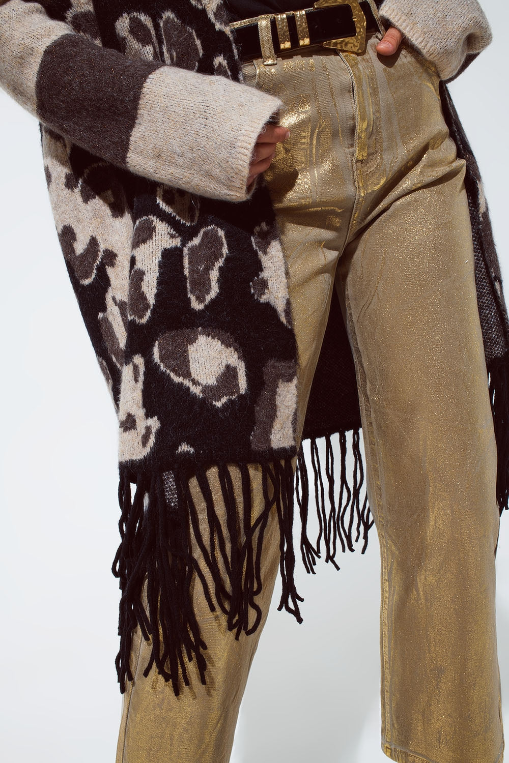 Gold straight leg jeans with metallic glow | Just Cool Beans