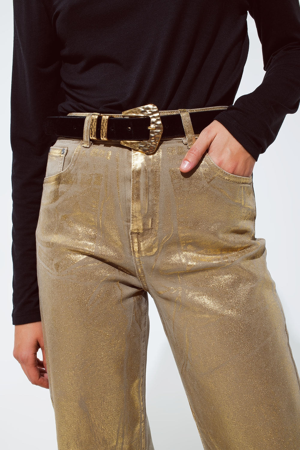 Gold straight leg jeans with metallic glow | Just Cool Beans