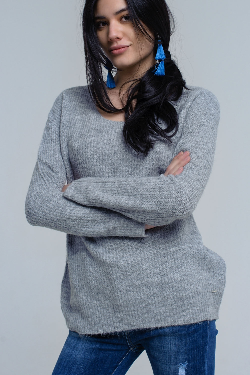 Gray knitted sweater with tie-back closure | Just Cool Beans — sweaters | tops