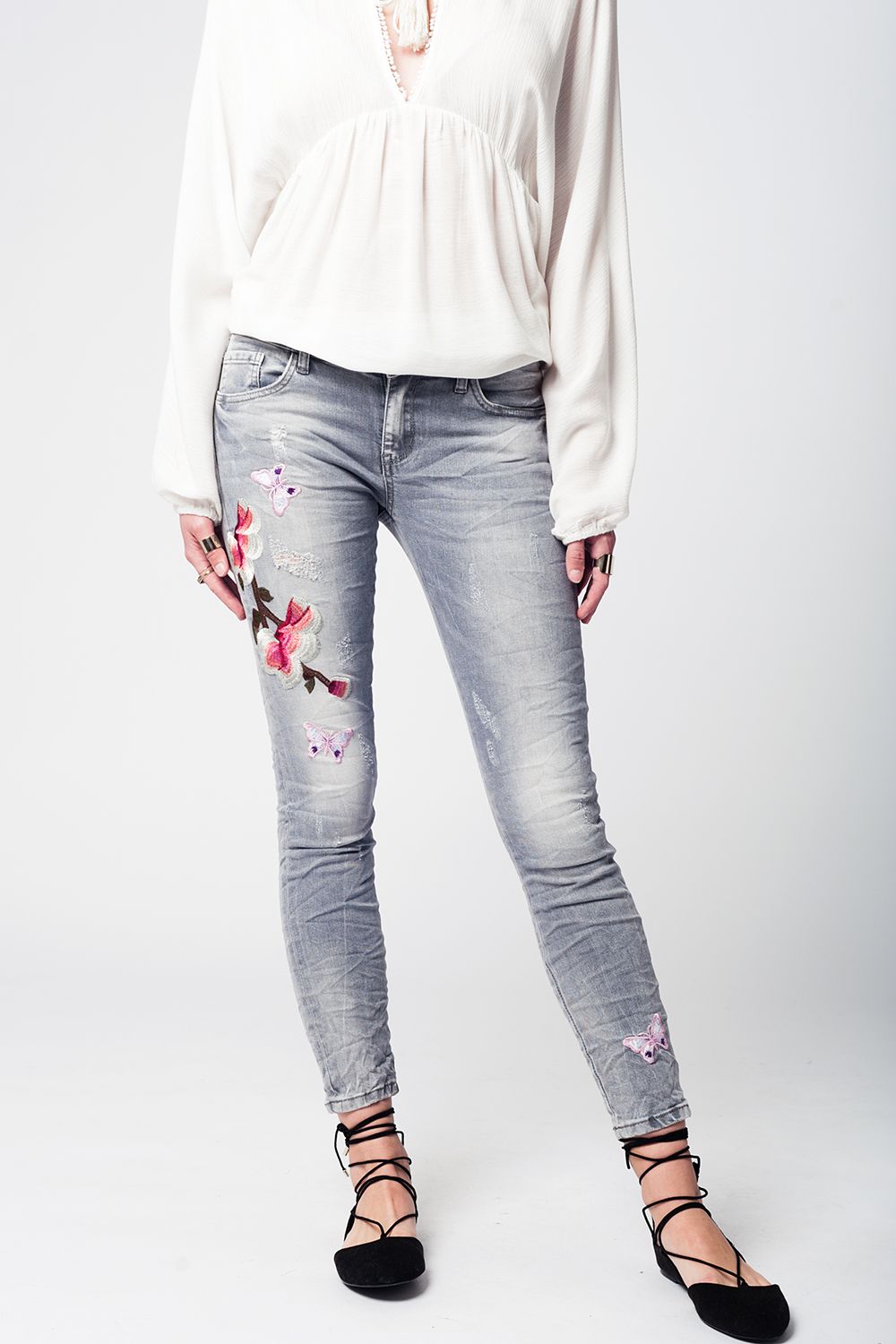 Gray slim denim embroidered jeans | Just Cool Beans — jeans | the denim shop