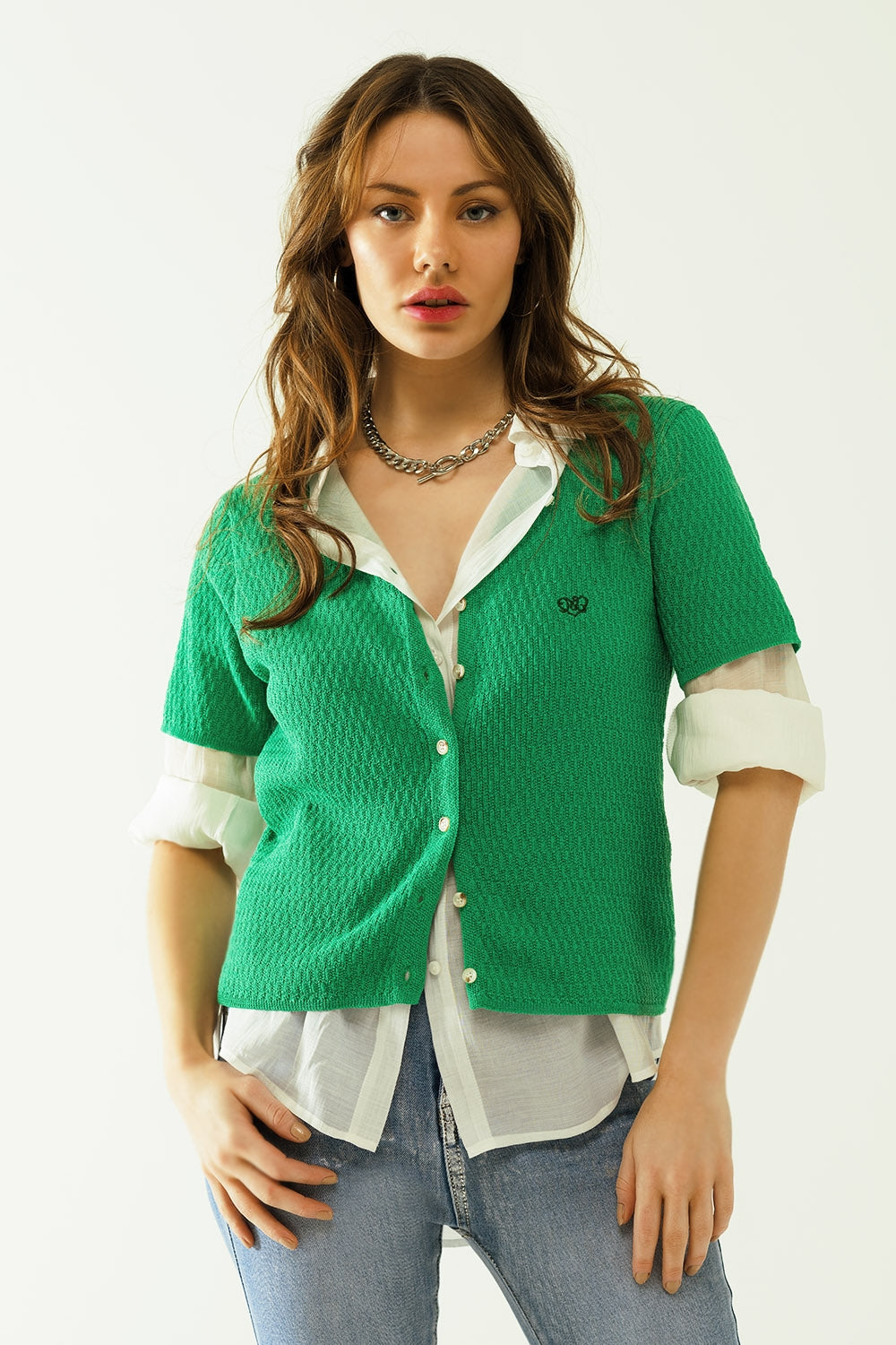 Green cardigan with short sleeves and front closure with button | Just Cool Beans — sweaters | bottoms