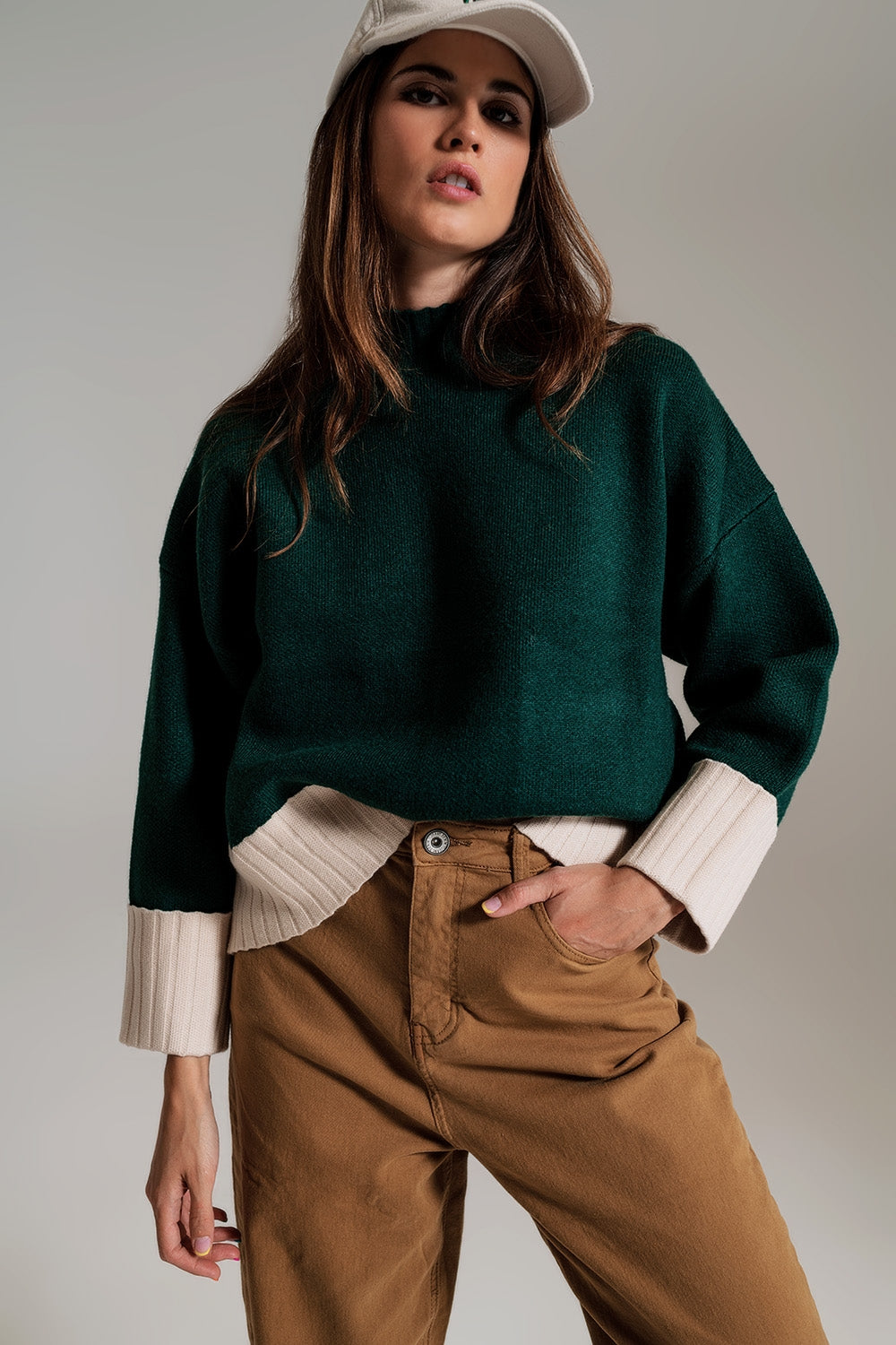 Green jumper with white ribbed cuffs and hem | Just Cool Beans — sweaters | tops