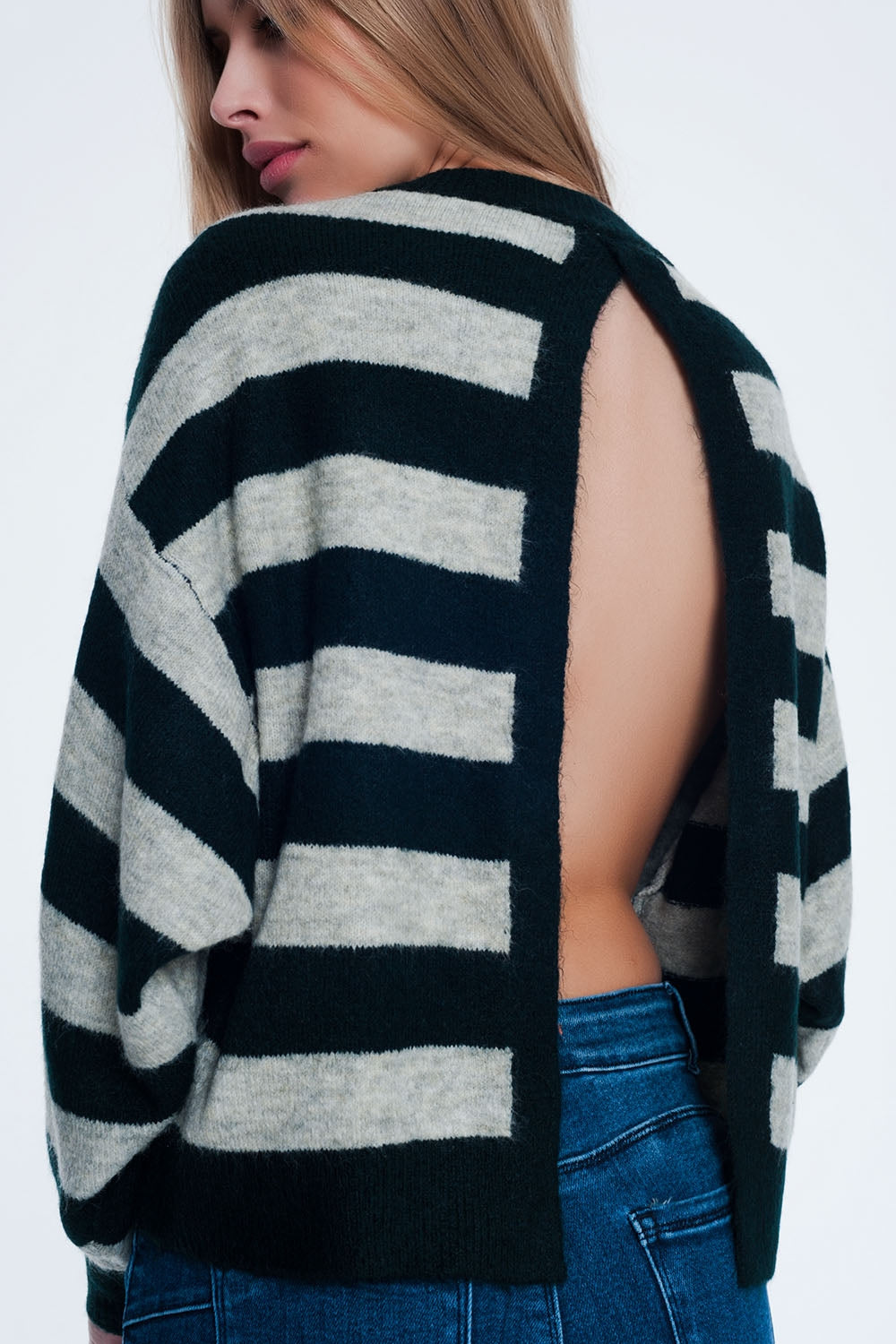 Green knitted sweater with grey stripes | Just Cool Beans — sweaters | tops