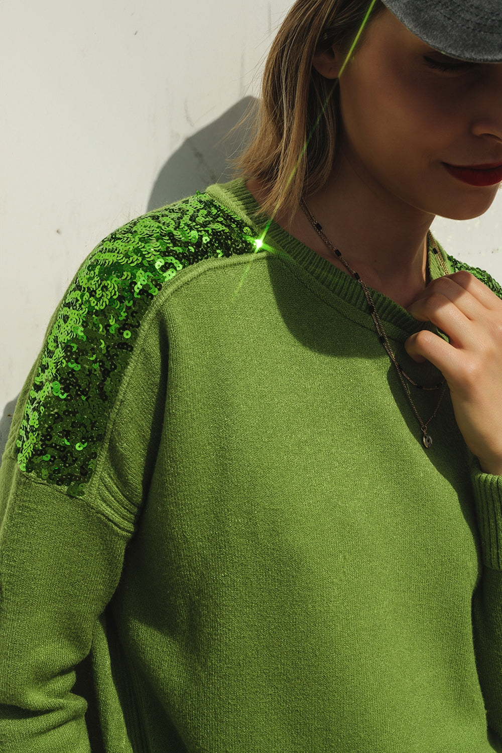 Green long sleeves sweater with sequins on the shoulders | Just Cool Beans — sweaters | tops