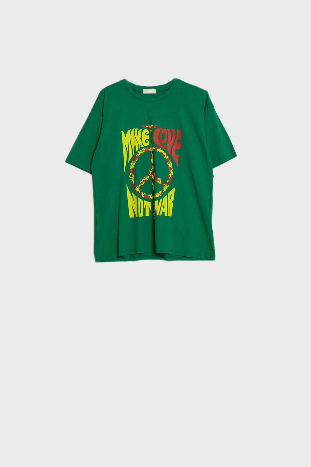 Green short sleeve t-shirt with make love not war logo | Just Cool Beans — tops | bottoms