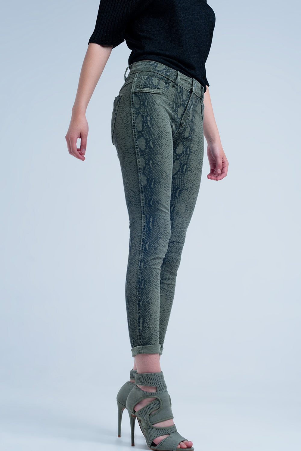 Green skinny reversible jeans with snake print | Just Cool Beans — jeans | the denim shop