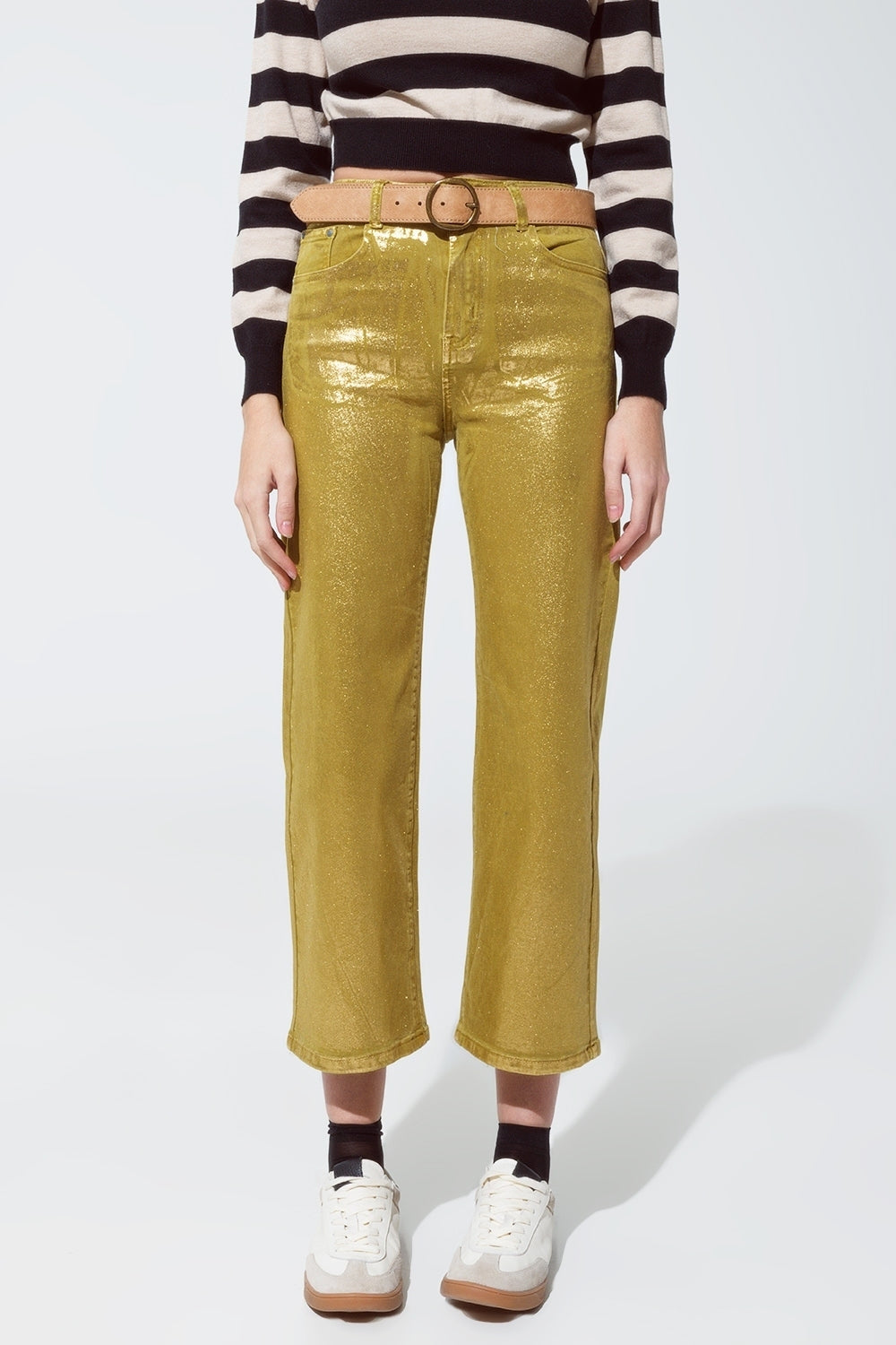 Green straight leg jeans with gold metallic glow | Just Cool Beans — jeans | the denim shop