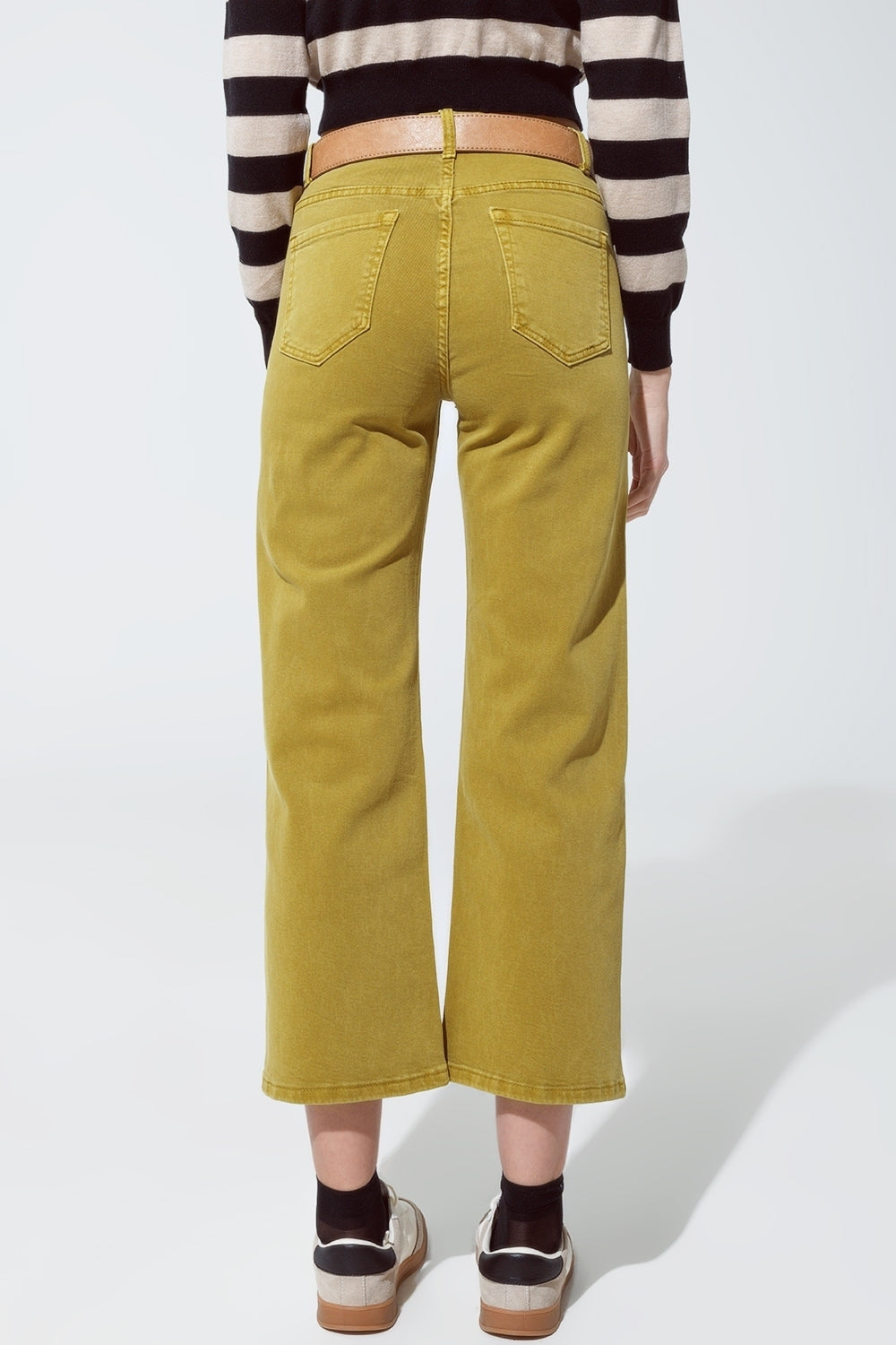 Green straight leg jeans with gold metallic glow | Just Cool Beans