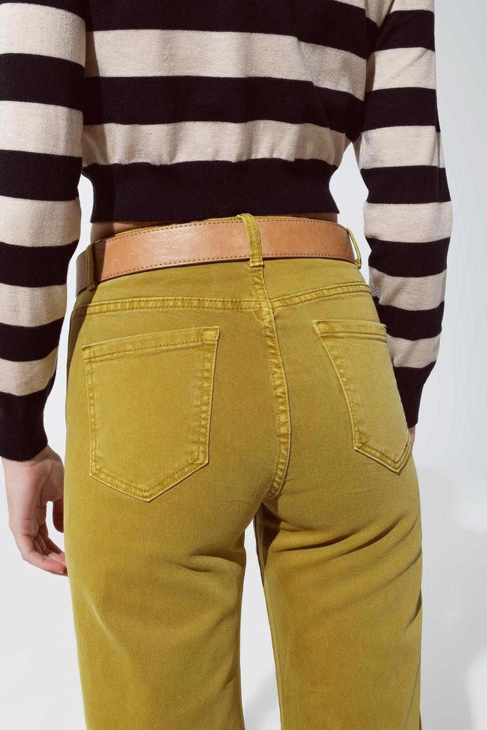 Green straight leg jeans with gold metallic glow | Just Cool Beans