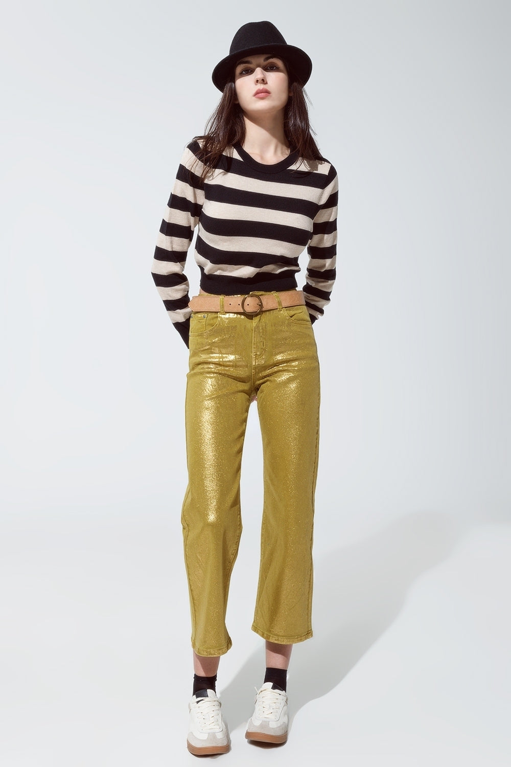 Green straight leg jeans with gold metallic glow | Just Cool Beans