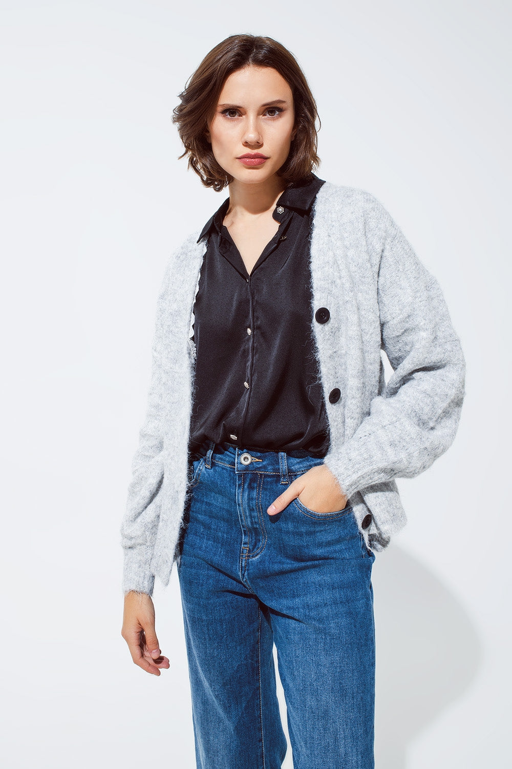 Grey cardigan with a deep v neck with lace detail | Just Cool Beans — sweaters | tops