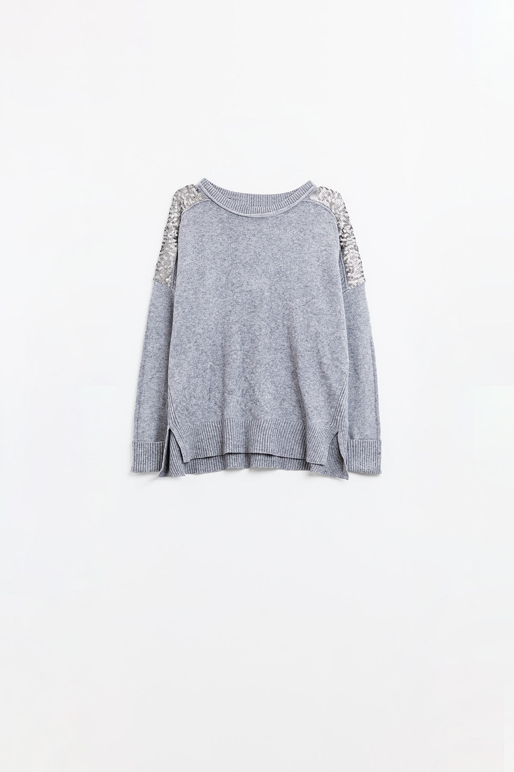 Grey long sleeves sweater with sequins on the shoulders | Just Cool Beans — sweaters | tops