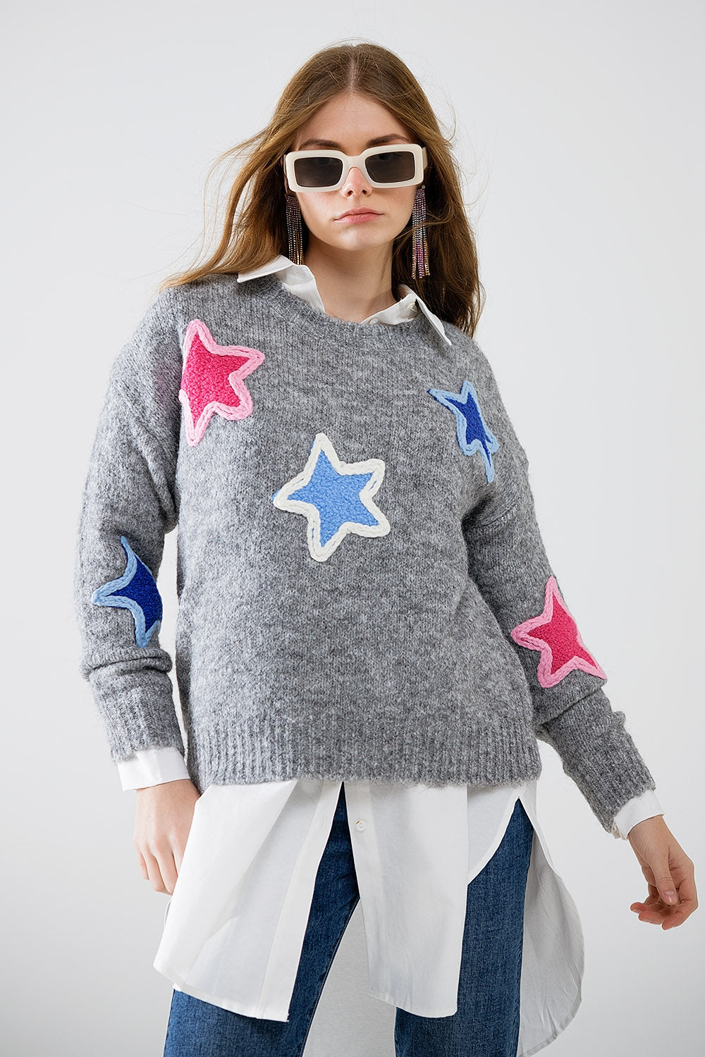 Grey sweater with embroidered stars | Just Cool Beans — sweaters | tops