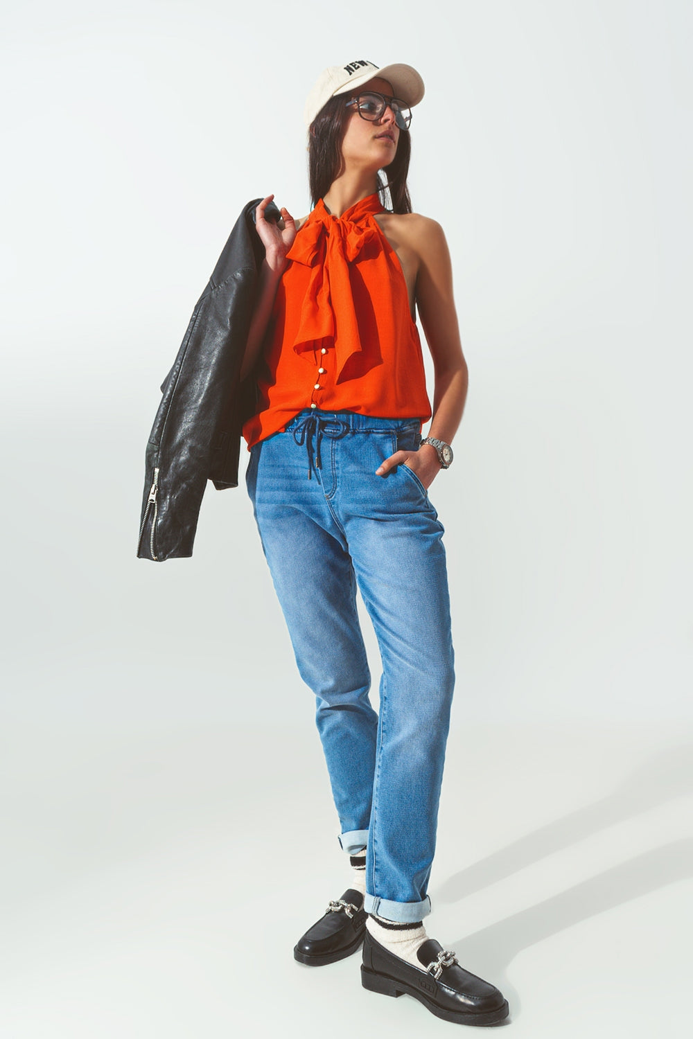 Halter neck top with button details in orange | Just Cool Beans
