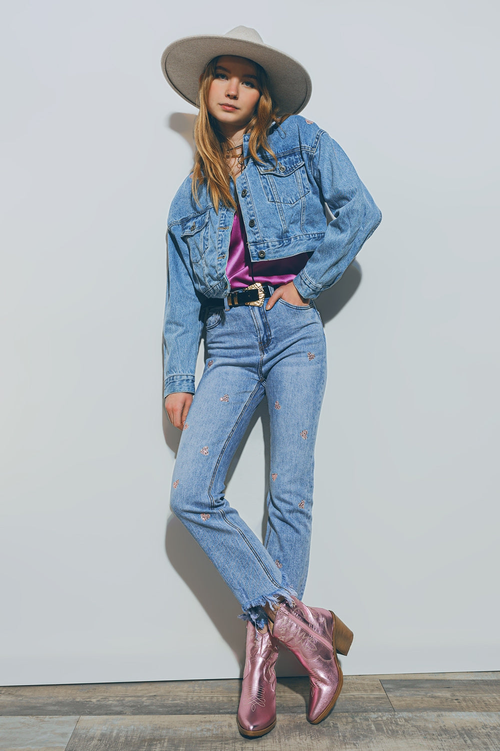 Heart embellished jeans with teared hem in med wash | Just Cool Beans