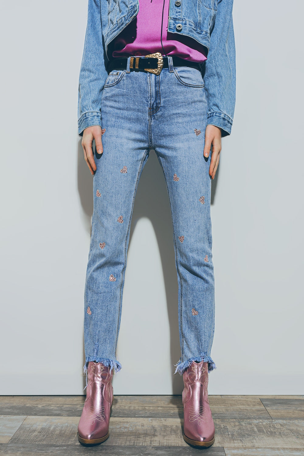 Heart embellished jeans with teared hem in med wash | Just Cool Beans