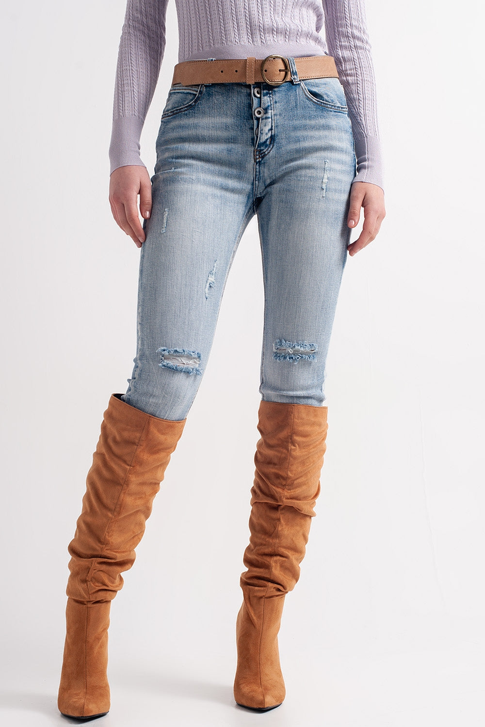 Heather skinny leg distressed jeans with button detail in light blue | Just Cool Beans — jeans | the denim shop