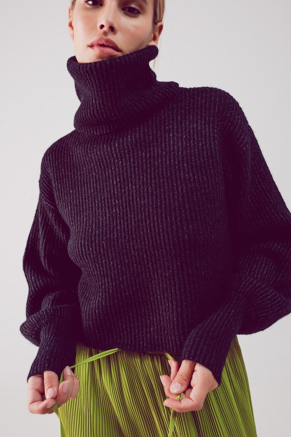 High neck jumper with balloon sleeve in black | Just Cool Beans — sweaters | tops