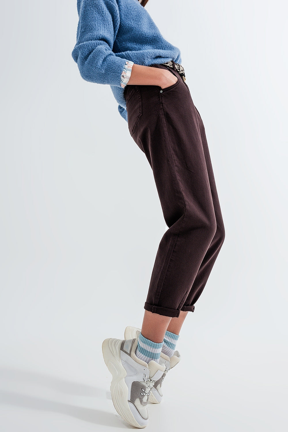 High rise jeans with pleat front in brown | Just Cool Beans