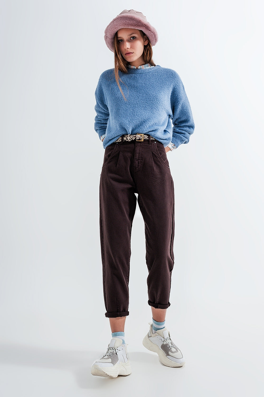 High rise jeans with pleat front in brown | Just Cool Beans