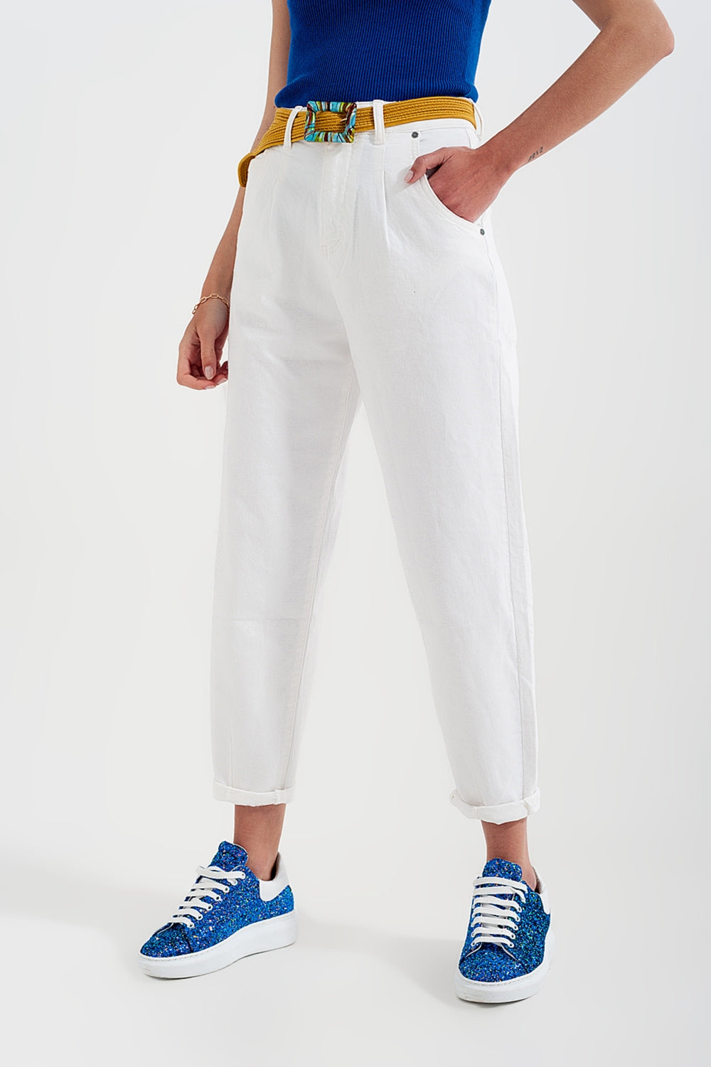 High rise mom jeans with pleat front in white | Just Cool Beans